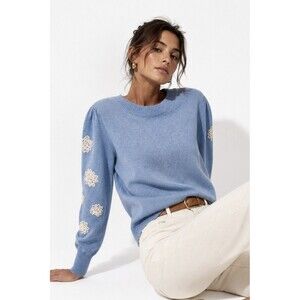 Talbots Blue Floral Embroidered Sleeve Cotton Blend Knit Sweater Women’s Small